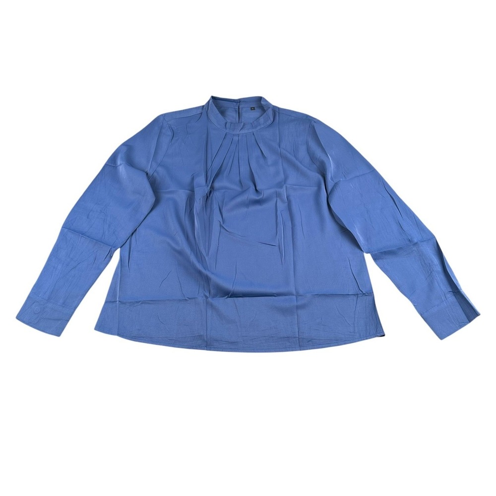 Womens Dusty Blue Pleated Mock Neck Long Sleeve Blouse Size Large Officecore 944